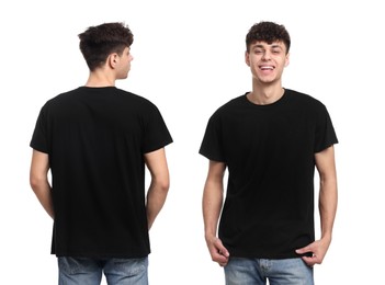 Image of Collage with photos of man in black t-shirt on white background, back and front views. Mockup for design