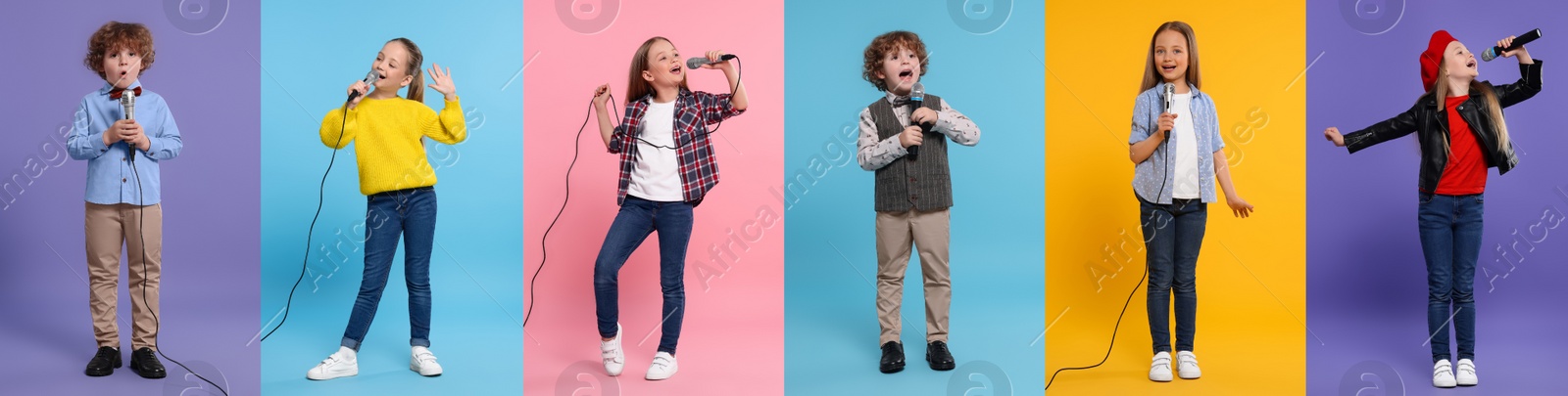 Image of Children singing on different color backgrounds, collection of photos