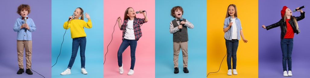 Image of Children singing on different color backgrounds, collection of photos