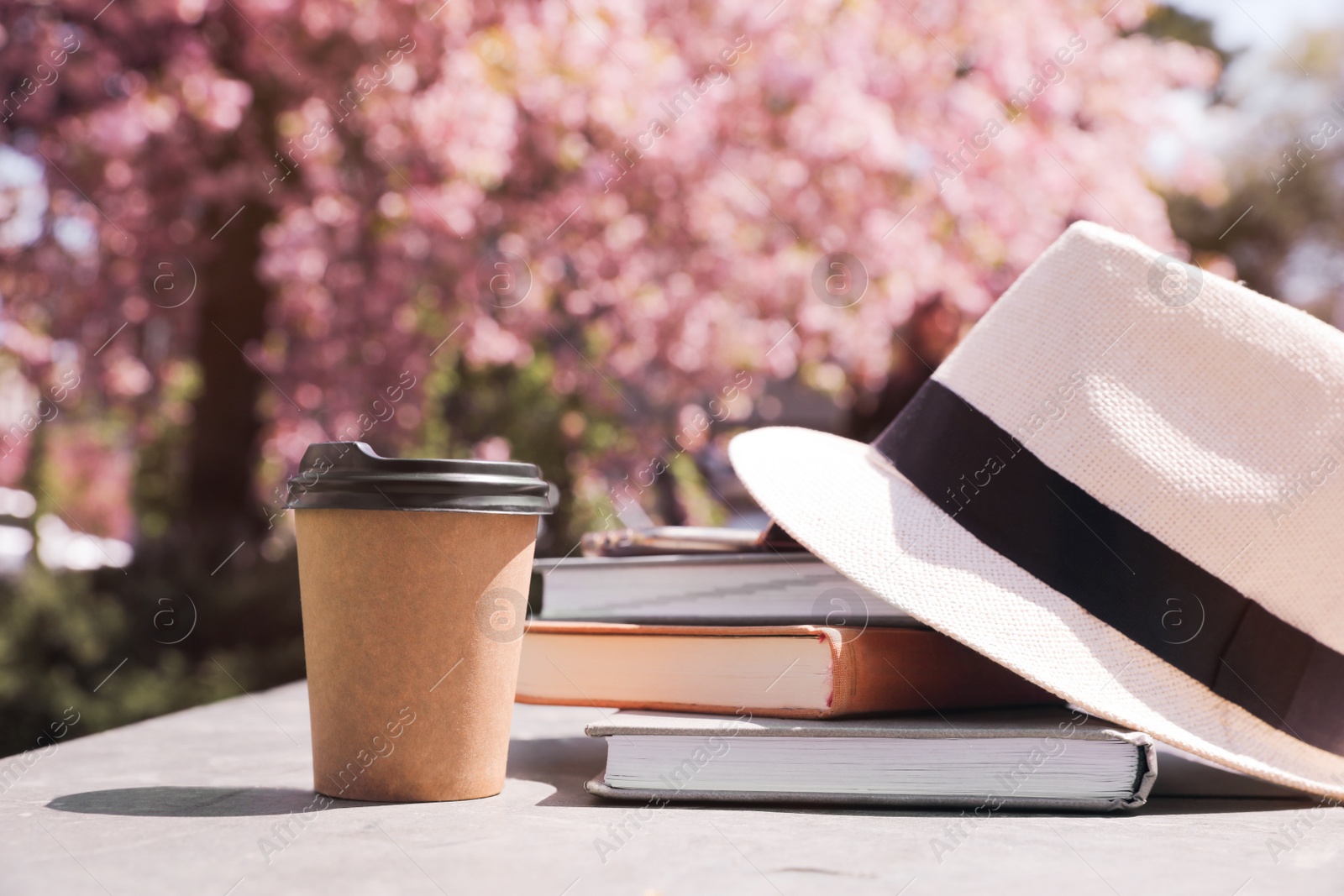 Photo of Stack of books, smartphone and hat on table in park