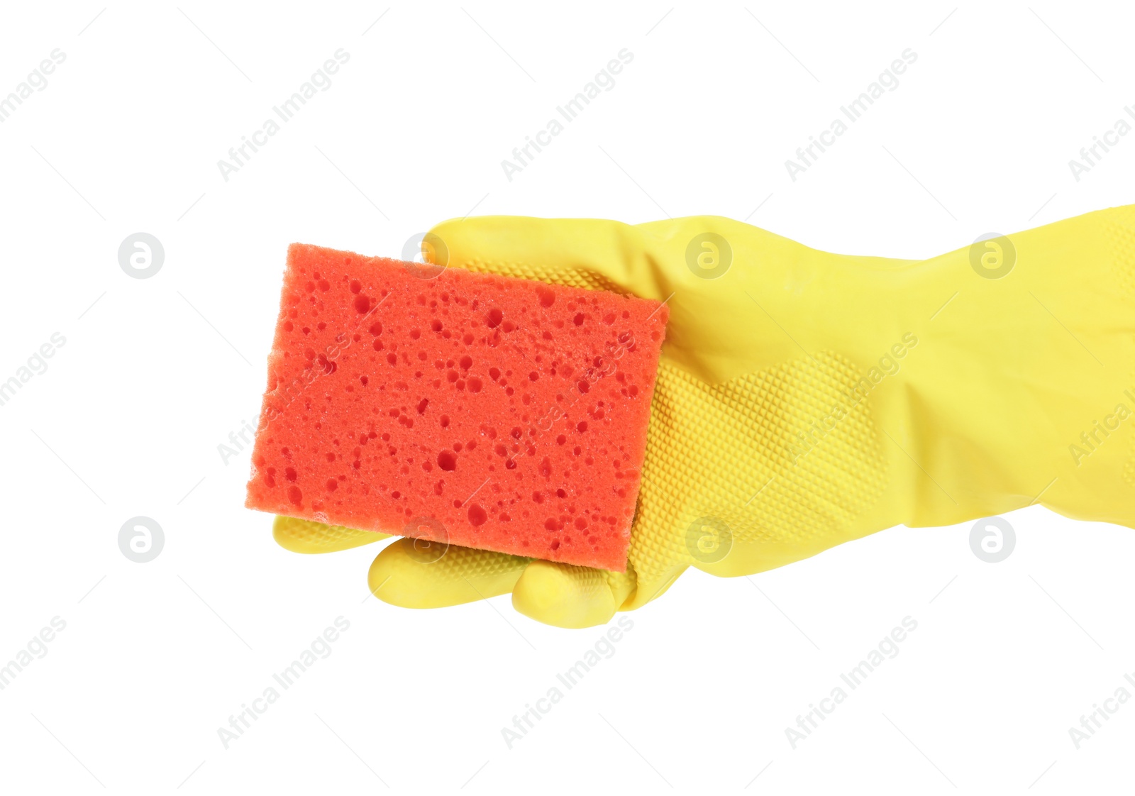 Photo of Person in rubber glove with sponge on white background, closeup of hand