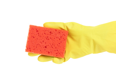 Photo of Person in rubber glove with sponge on white background, closeup of hand