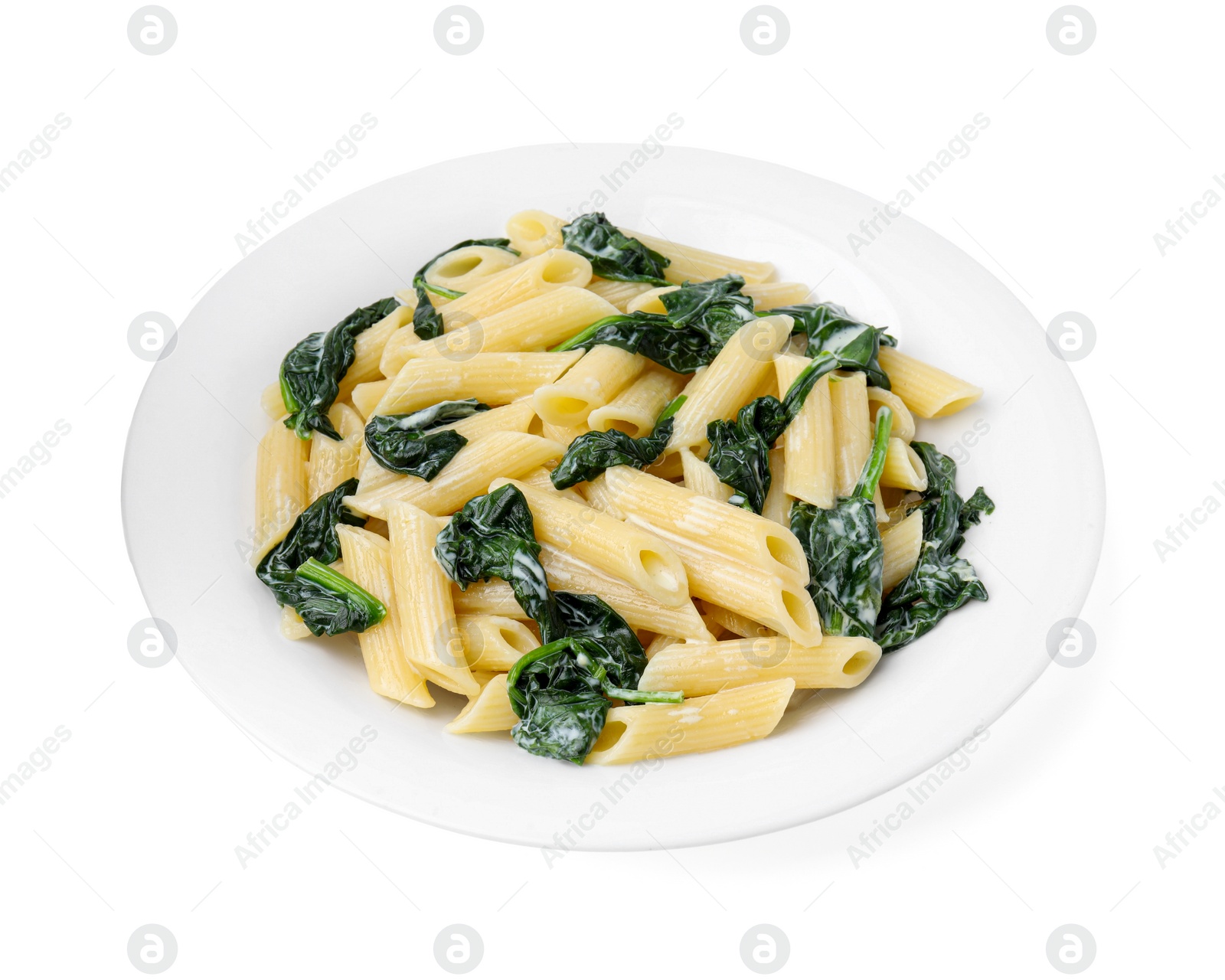 Photo of Tasty pasta with spinach and sauce isolated on white