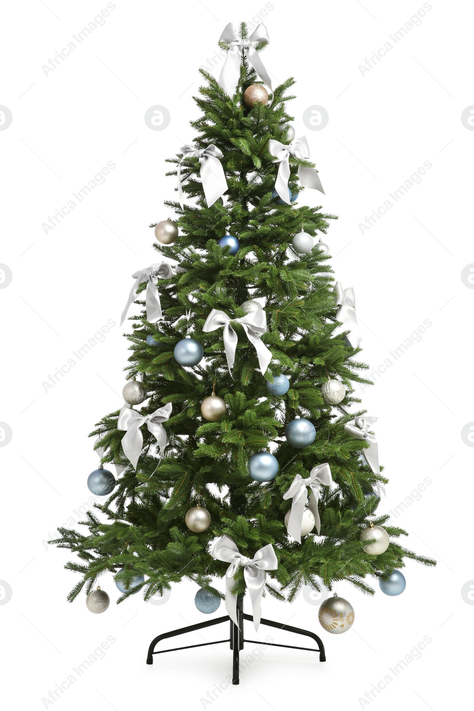 Photo of Beautifully decorated Christmas tree on white background