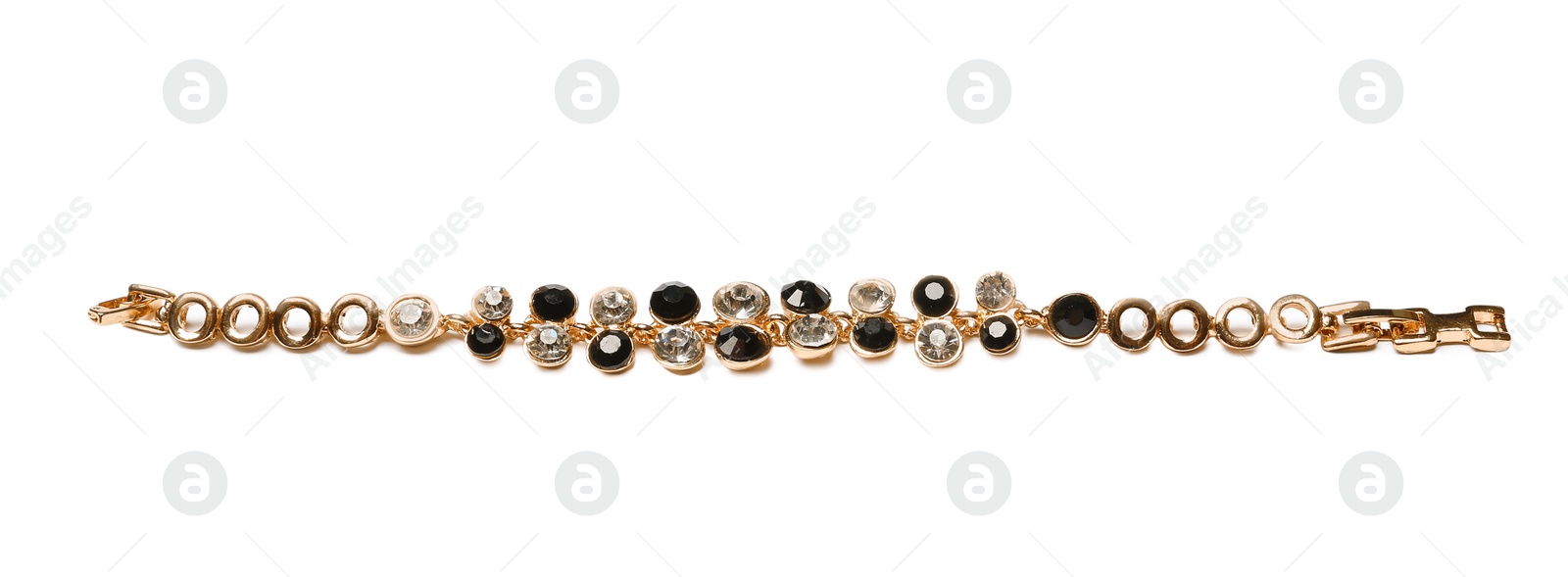 Photo of Stylish bracelet with gemstones isolated on white. Luxury jewelry
