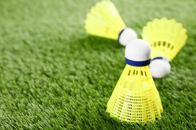 Photo of Badminton shuttlecocks on green grass outdoors, closeup. Space for text