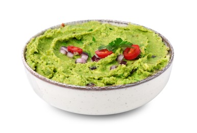 Photo of Bowl of delicious guacamole isolated on white