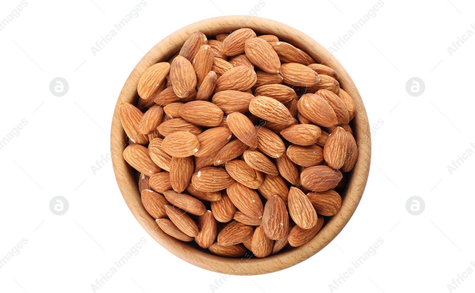 Photo of Bowl with organic almond nuts on white background, top view