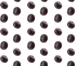 Image of Set of fresh acai berries on white background. Pattern design