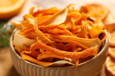 Dry orange peels on table, closeup view