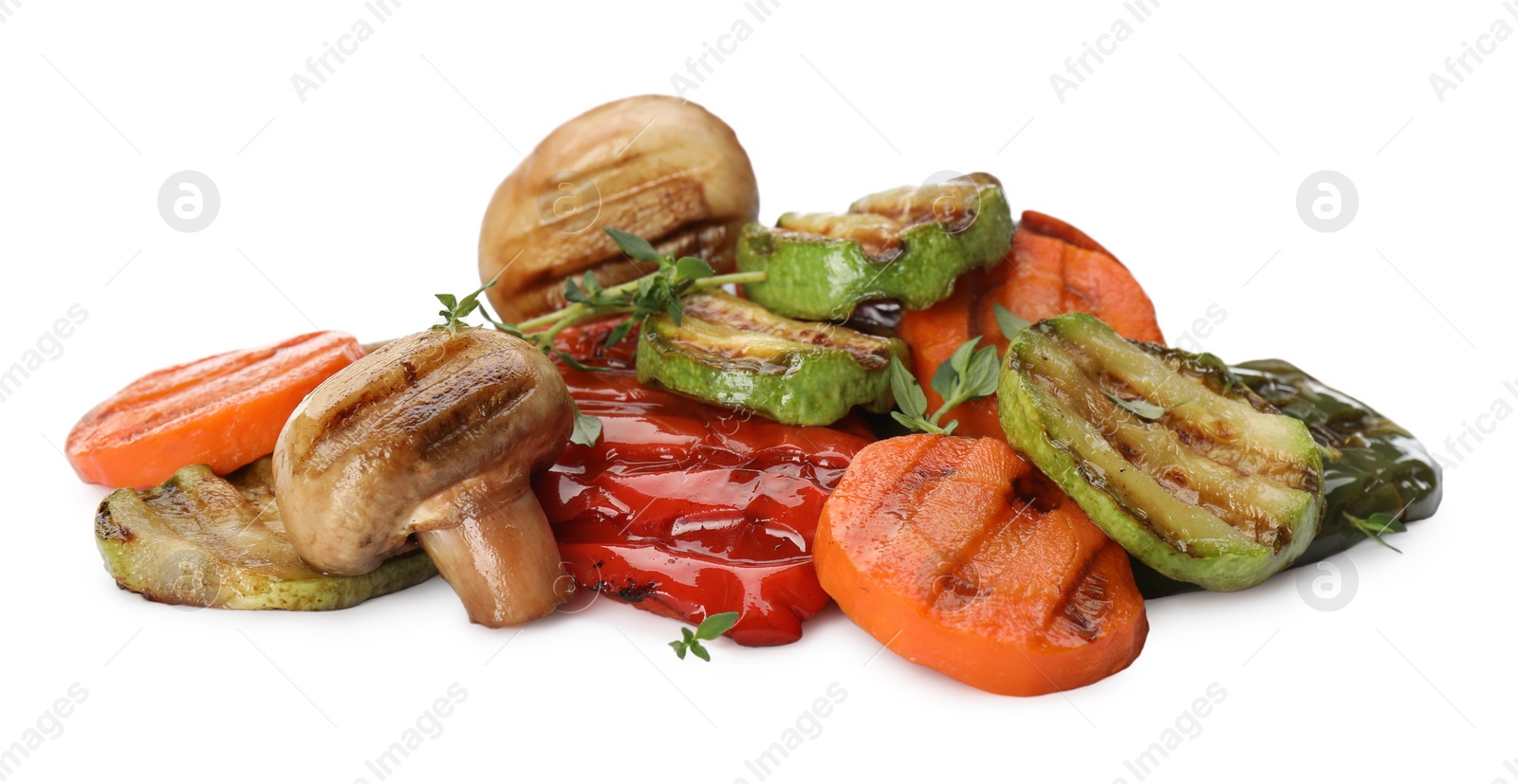 Photo of Mix of delicious grilled vegetables on white background