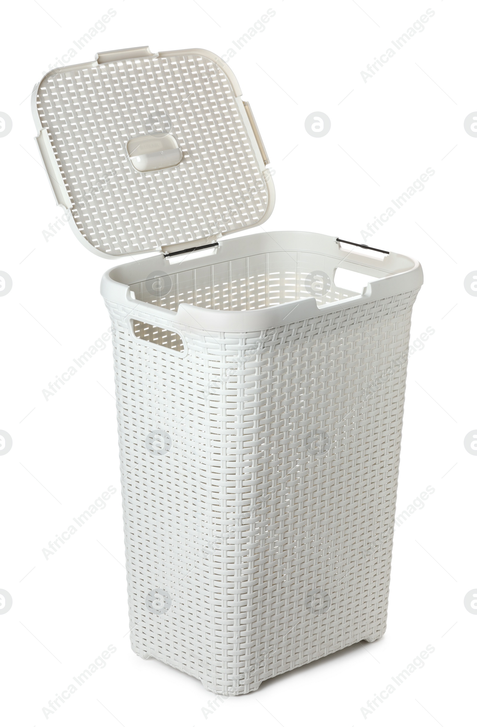 Photo of One open empty laundry basket isolated on white