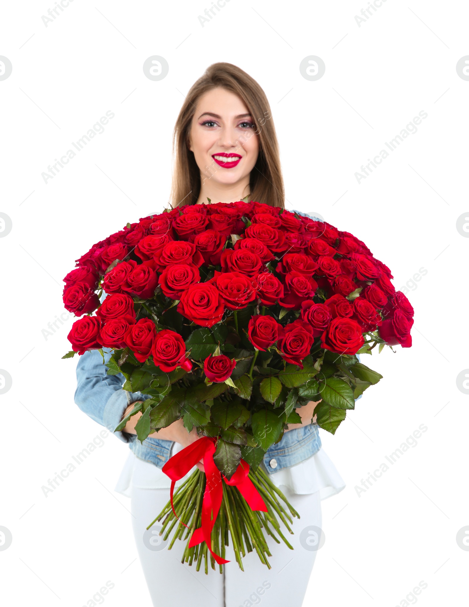 Photo of Beautiful young woman with bouquet of roses on white background