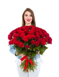 Beautiful young woman with bouquet of roses on white background