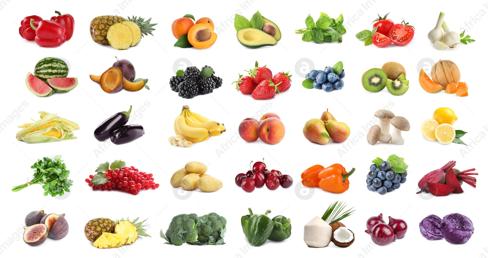 Image of Assortment of organic fresh fruits and vegetables on white background. Banner design