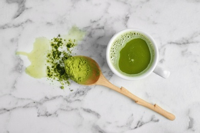 Photo of Flat lay composition with matcha tea on marble background