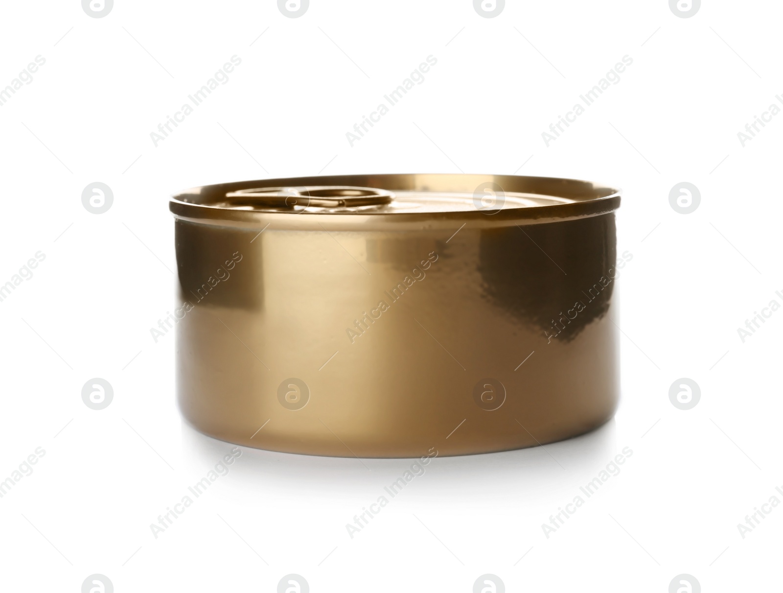 Photo of Mockup of tin can with food on white background