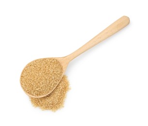 Photo of Pile of brown sugar and wooden spoon isolated on white, top view