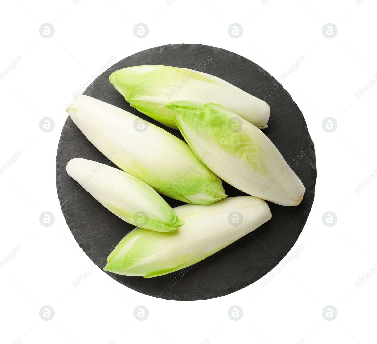 Photo of Raw ripe chicories on white background, top view