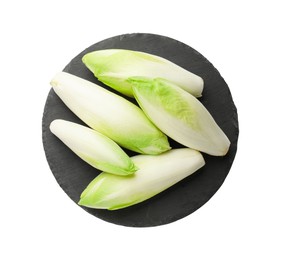 Photo of Raw ripe chicories on white background, top view