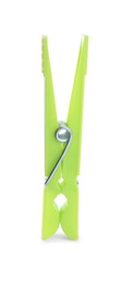 Photo of Bright green plastic clothespin isolated on white