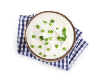 Fresh sour cream with onion and fabric on white background, top view
