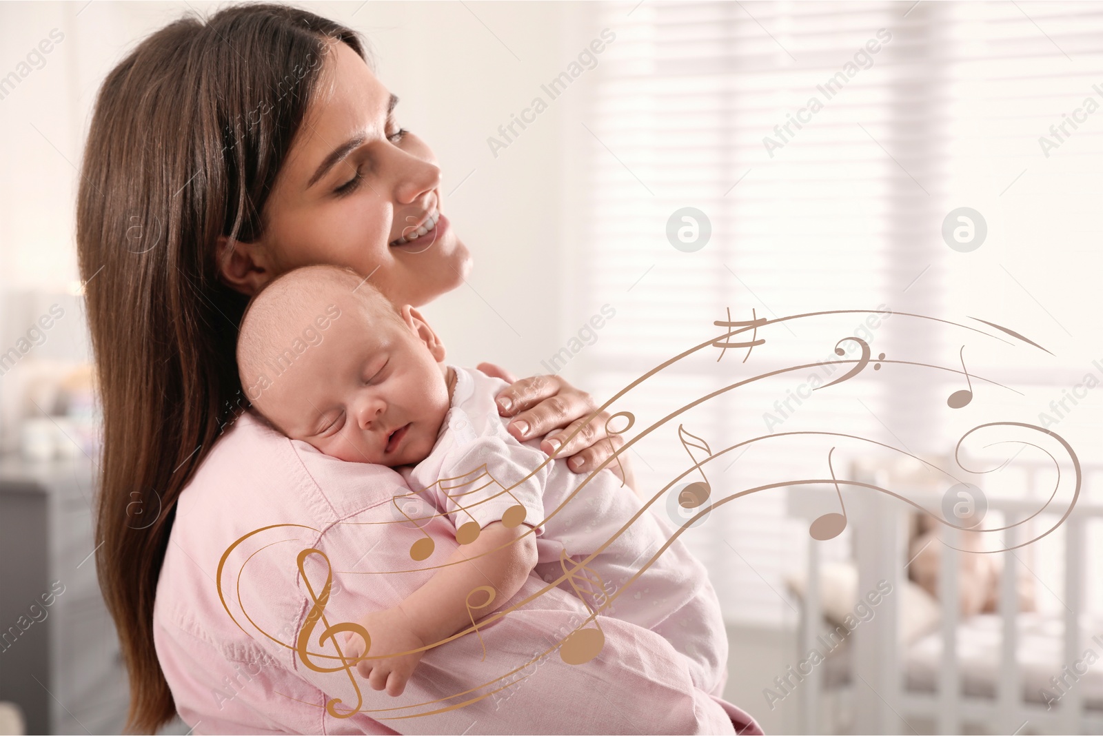 Image of Mother singing lullaby to her baby at home. Music notes illustrations flying around woman and child