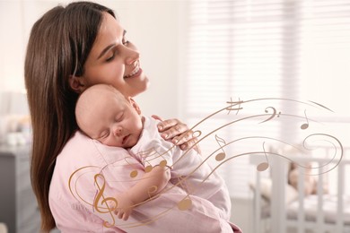 Image of Mother singing lullaby to her baby at home. Music notes illustrations flying around woman and child