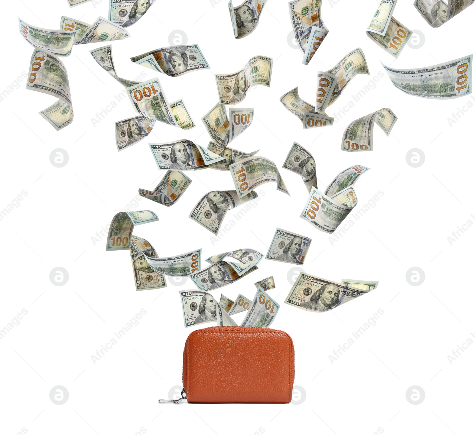 Image of Dollar banknotes falling into purse on white background