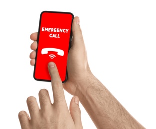 Hotline service. Man making emergency call via smartphone on white background, closeup