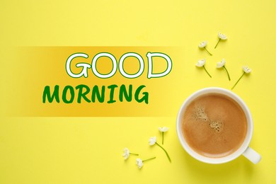 Good Morning! White flowers and coffee on yellow background, flat lay