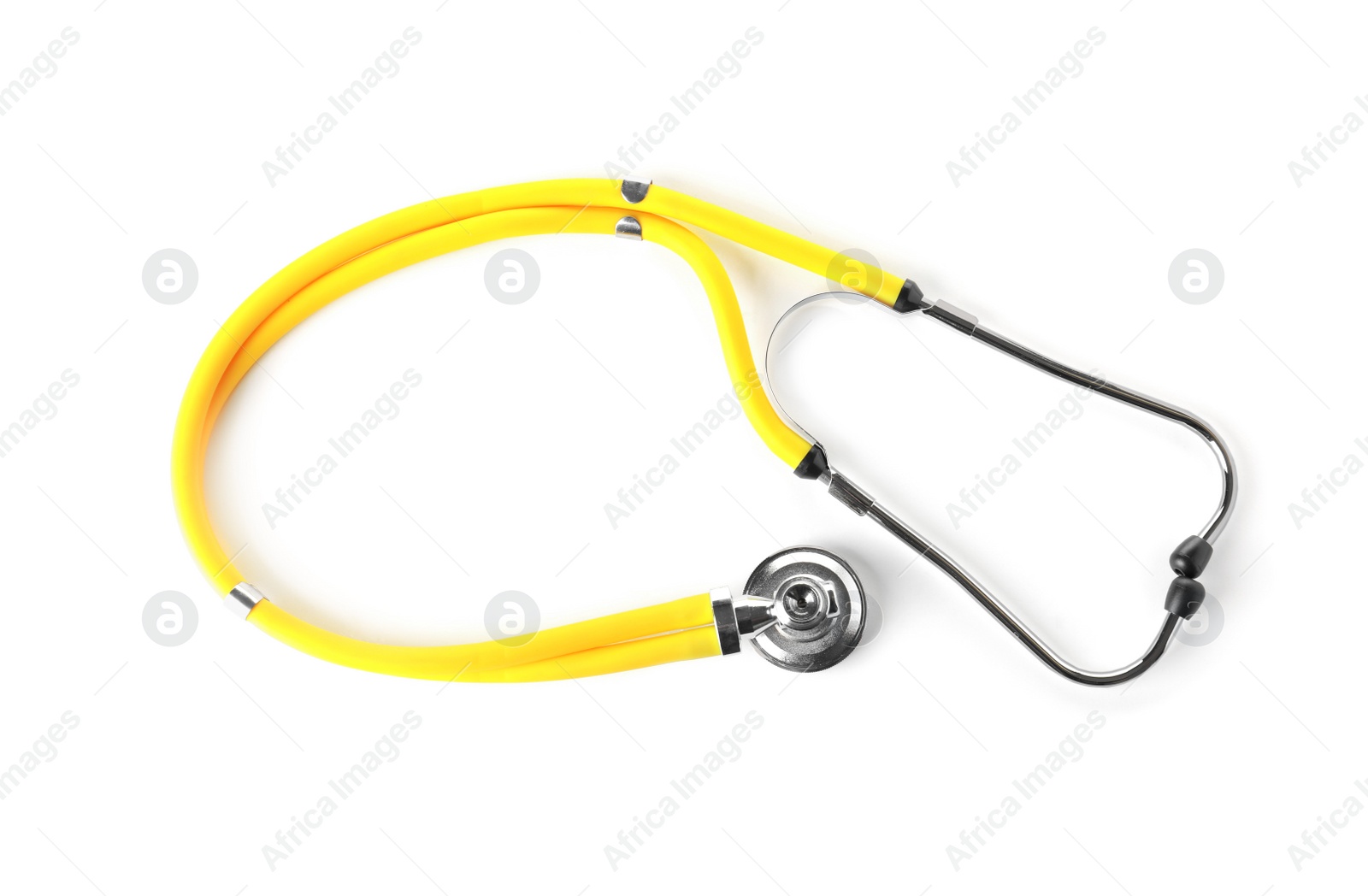 Photo of Stethoscope on white background, top view. Medical device