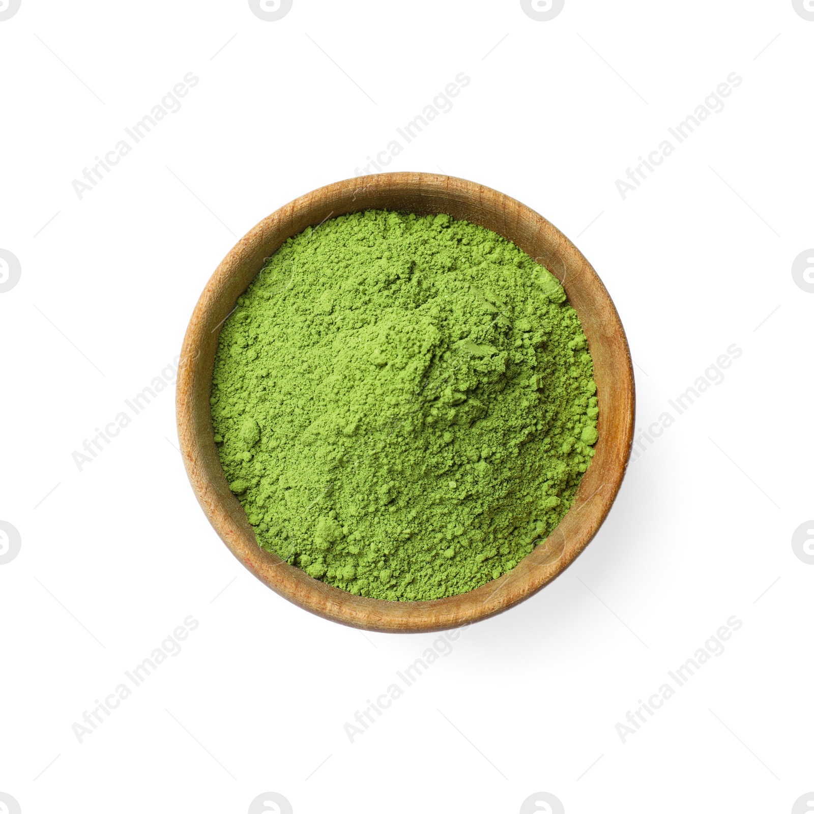 Photo of Green matcha powder in bowl isolated on white, top view