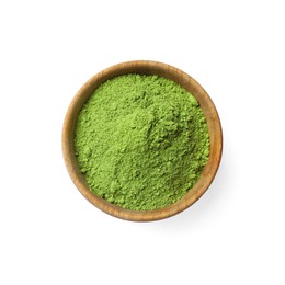 Photo of Green matcha powder in bowl isolated on white, top view