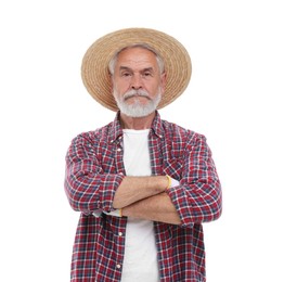 Photo of Harvesting season. Farmer with crossed arms on white background