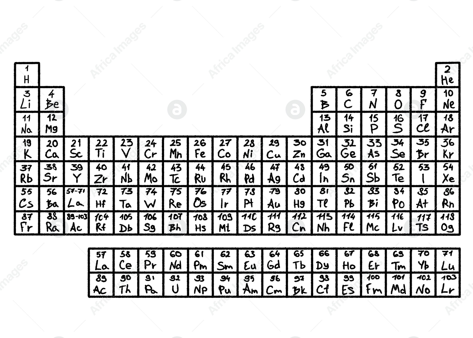 Illustration of Periodic table of elements on white background