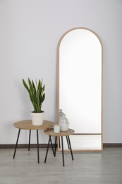 Leaning floor mirror near nesting tables with houseplant and decor in room