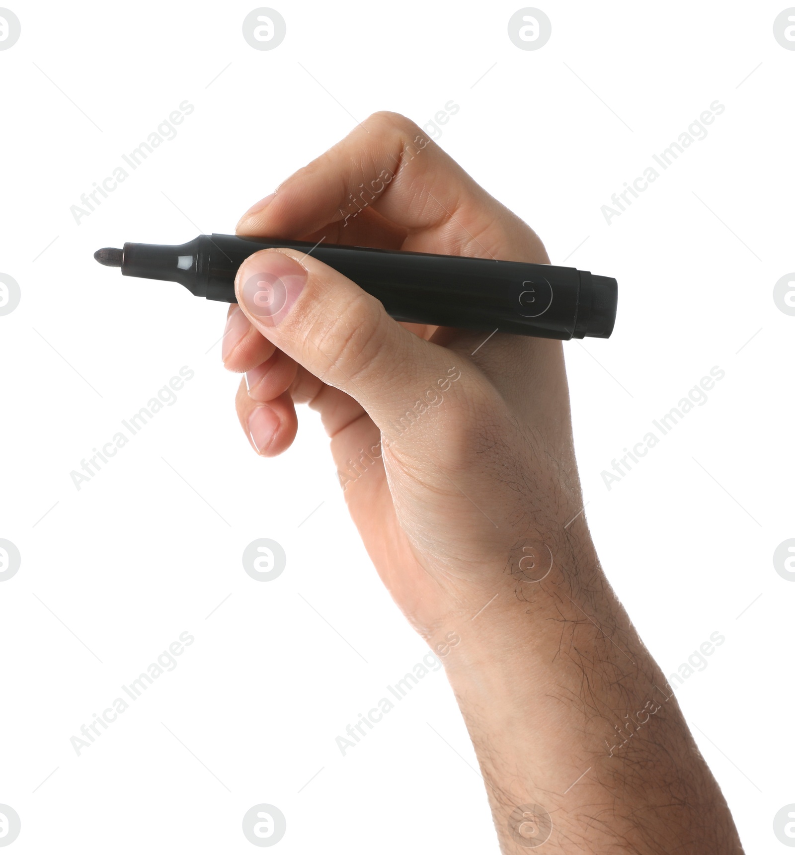 Photo of Man holding black marker on white background, closeup