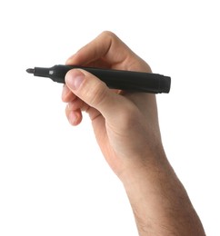 Photo of Man holding black marker on white background, closeup