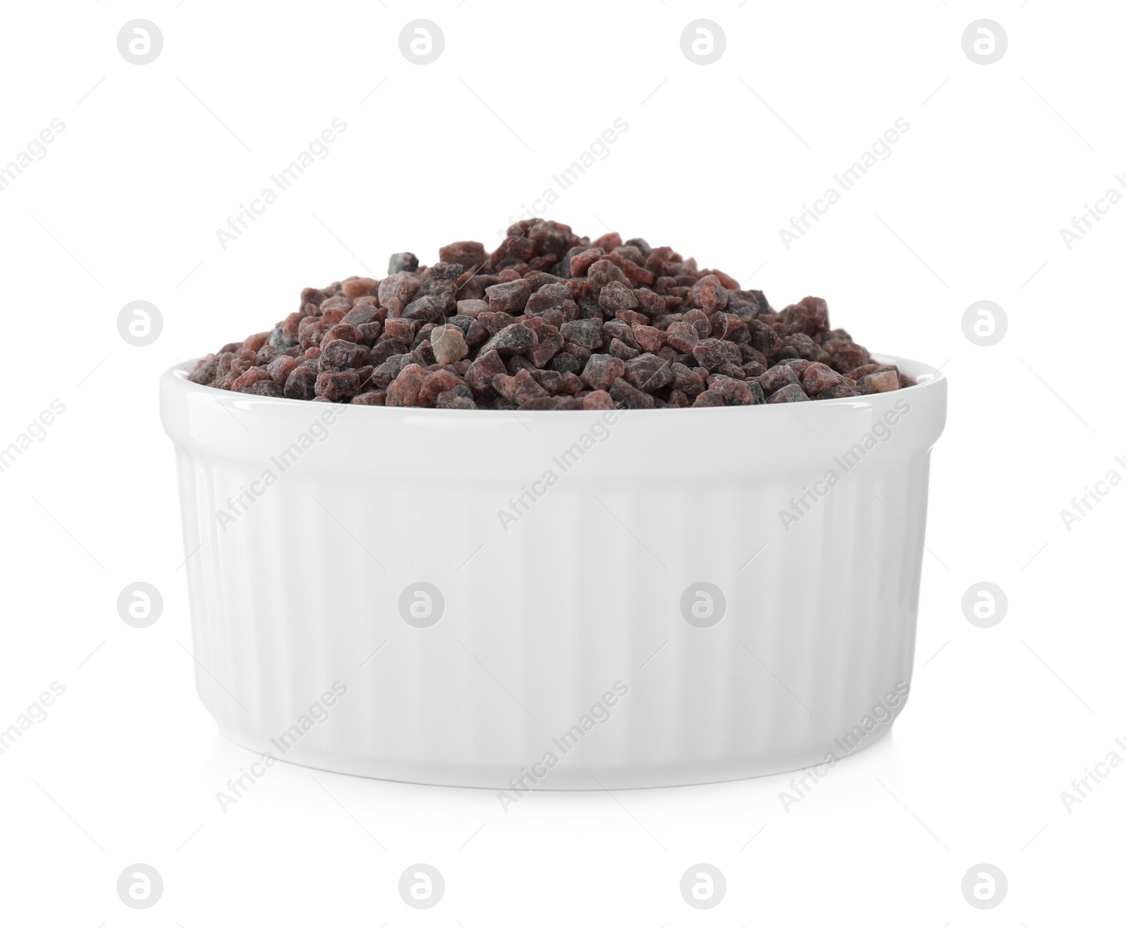 Photo of Black salt in bowl isolated on white