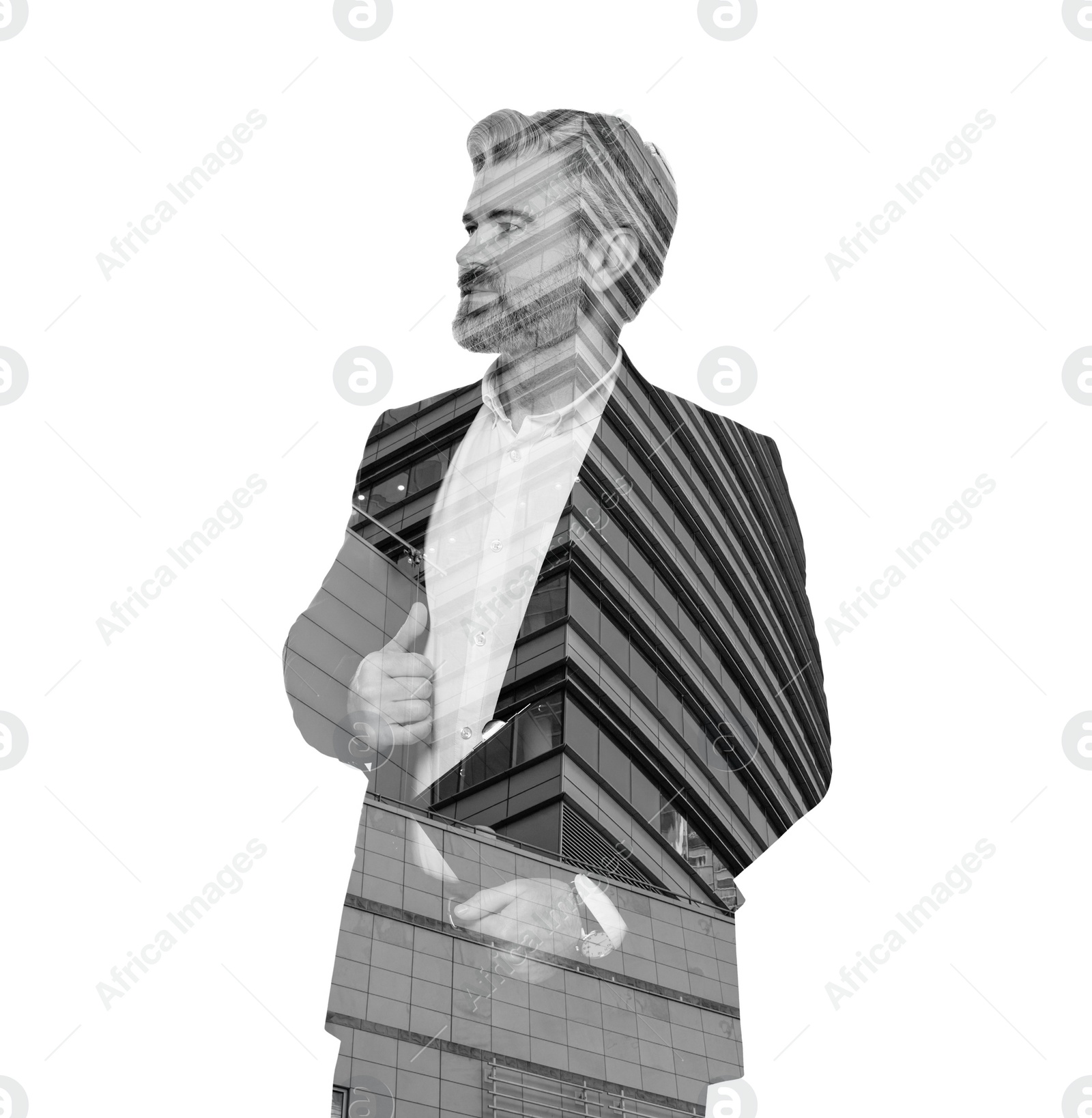 Image of Double exposure of businessman and office building