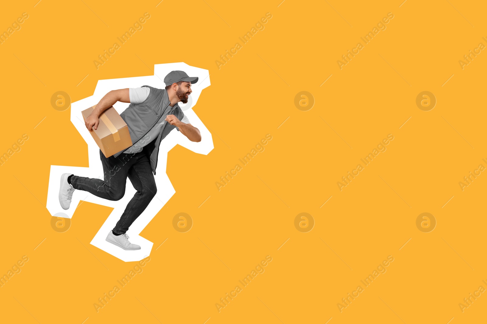 Image of Happy courier with parcel running on orange background, space for text