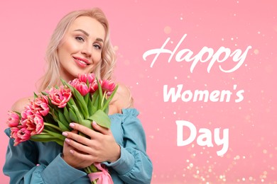 Image of Happy Women's Day - March 8. Attractive lady with bouquet of tulips on pink background