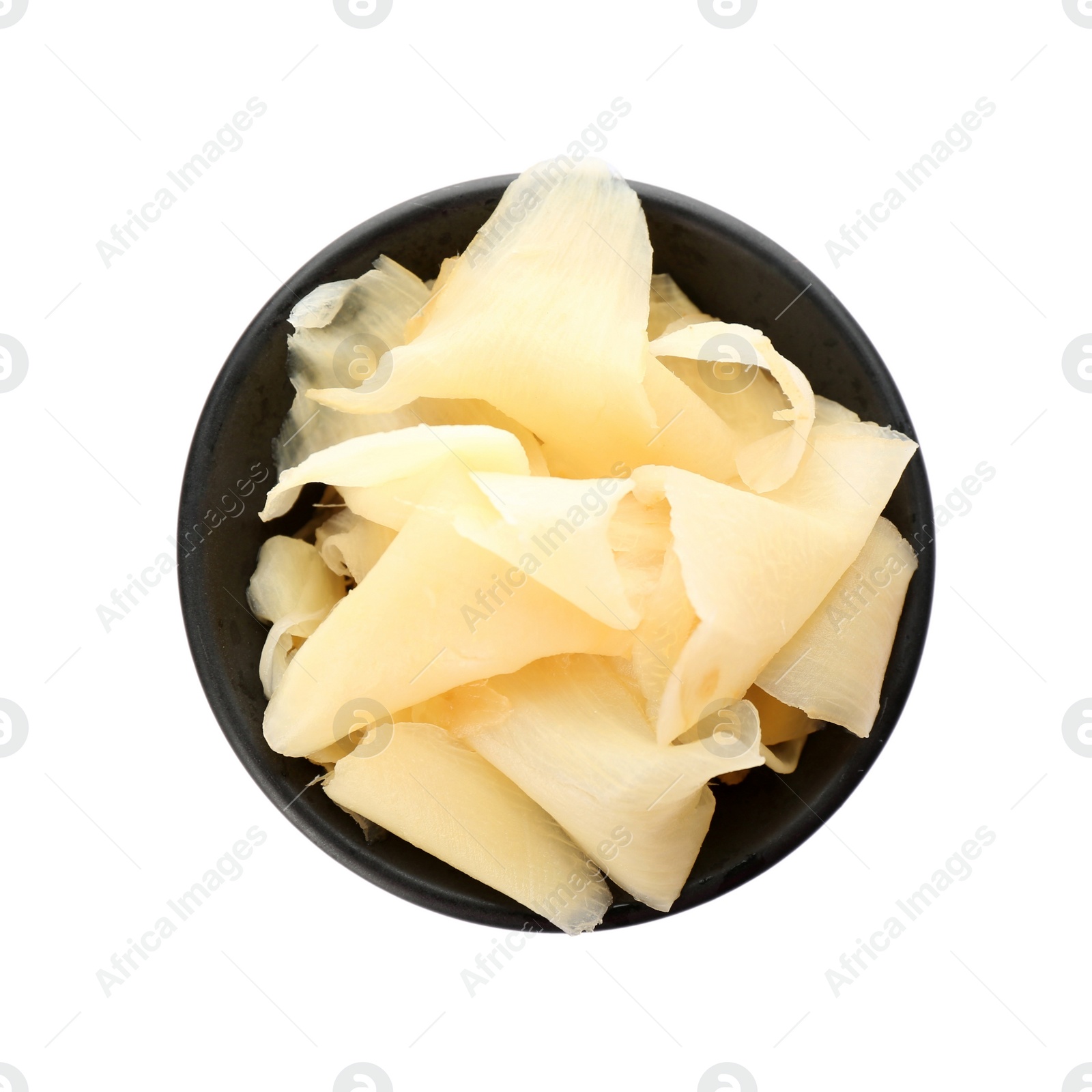 Photo of Pickled ginger in bowl isolated on white, top view