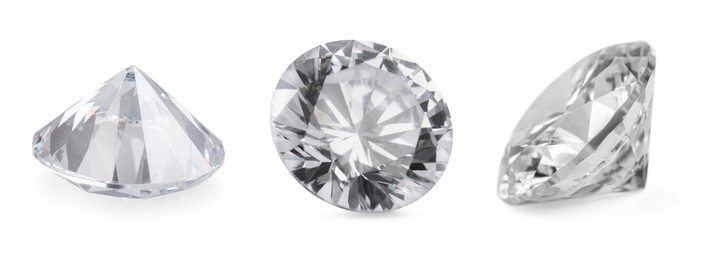 Image of Beautiful dazzling diamonds on white background, set