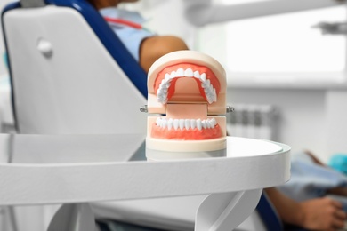 Photo of Jaws model on table in modern dentist office, closeup