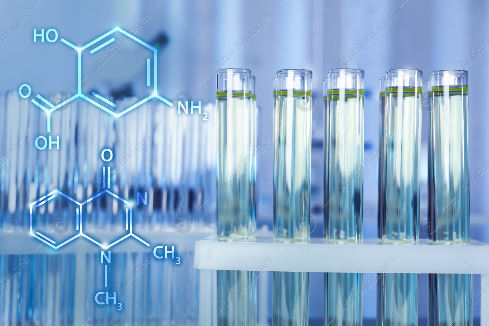 Image of Test tubes with liquid in laboratory, closeup