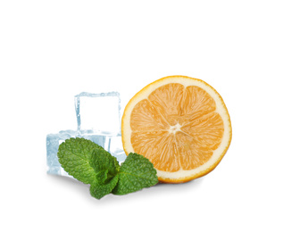 Photo of Ice cubes, mint and lemon on white background