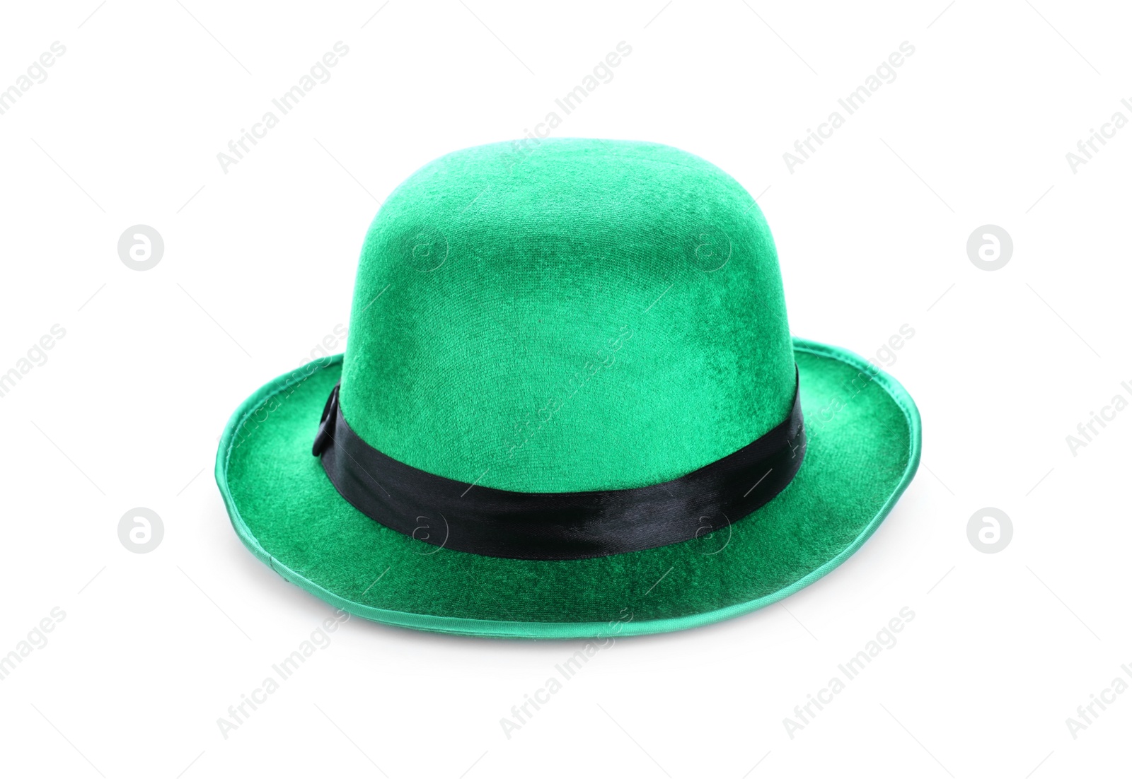 Photo of Green leprechaun hat isolated on white. St. Patrick's Day celebration