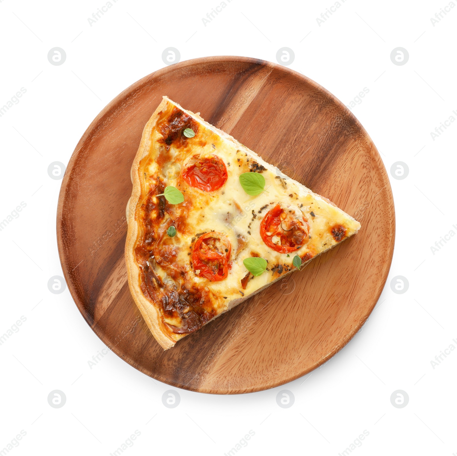 Photo of Piece of delicious homemade quiche prosciutto, tomatoes and greens isolated on white, top view